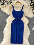 Women Summer Knitted Dress Squre Neck Sleeveless Backless Sheath Sundress Streetwear Ladies Sexy Party Long
