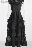 Hollow Out Lace Dress For Women Slash Neck Short Sleeve Off Shoulder High Waist Spliced Ruffles Long Dresses Female