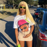 Basic Round-Neck Portrait Print Short-Sleeved T-Shirt Girl Summer Bhuff Loose Casual