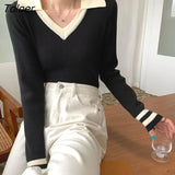 Korean Fashion V Neck Sweater Women 2023 Spring Slim Fit Cropped Pullovers Woman Mixed Color Long Sleeved Knitwears