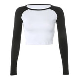 Color Contrast Patchwork Basic Crop Top Shirt Autumn Long Sleeve Rib Knitted Women Tshirts Casual Outfit Tops