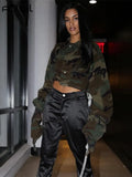 Autumn Streetwear Jackets For Women 2022 Long Sleeve Crop Top Zip Up Camouflage Varsity Jacket Buttons Green Pocket