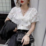 V-neck Hollow Lace Women Tops 2021 New French Sexy Ruffle Stitching Shirt Female Short Sleeve Slim Crochet Blouse