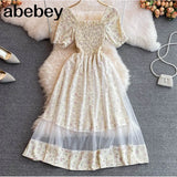New Floral Summer Dress Women Vacation Casual Blackless Short Sleeve Slim Ladies French Style