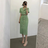 Korea Elegant Lapel Thin Tweed Small Suit Short Jacket + High Waist Chic Button Slim Womens Two Piece Skirt Sets Summer 703-1-Outfit