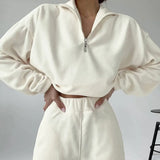 Solid Women Zipper Stand Collar Tops Autumn Winter Two Piece Sets Splice Full Sleeve Elastic Waist Straight Long Pants Set-Outfit