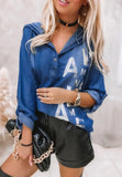 Blue Letter Print Denim Hooded Long