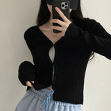 Cropped Cardigan Women V Neck Covered Button Solid Stretch Thin Spring Long Sleeve Knitted Tops Casual Lady Sweater-Outfit