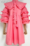 Sweet Solid Mini Dress For Women Peter Pan Collar Loose Sleeve Patchwork Ruched Folds High Waist Dresses Female 2023