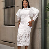 Lace Perspective Bubble Sleeve Seven-Sleeve Body-Repight Party Dress Dress Girl Party