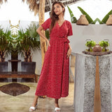 New Women V Neck Open Fork Dress Floral Floral Long Dress Summer Short Sleeves Party Sweet Elegant Casual Maxi
