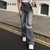 Flared Jeans Women Ripped Holes Jeans Hollow Out High Waist Zipper Pants Ladies Denim Blue Black Trousers Wide Leg