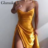 Spaghetti high split sexy satin party dress Sleeveless elegant fashion club women dress 2021 new backless vestidos