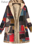Fashion Winter Vintage Women Coat Warm Printed Thick Fleece Hooded Long Jacket Ladies Outwear Loose OverCoat