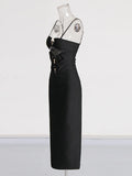 Small Metal Buckle Decoration Sexy Hollow Black Sling Dress Open Breast Design High-Leach Banded