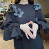 Autumn Beading Ruffles Spliced Sweatshirts Female Clothing Chic Floral Three-dimensional Decoration O-Neck Midi