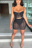 Sexy Two Piece Set Women Skirt Clubwear Black Sheer Mesh Bodycon Mini Dress Sets Rave Wear Wholesale Items