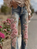 Women's Jeans Women's Trousers Color Flowers 3D Three-Dimensional Printed