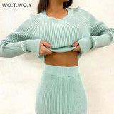 WOTWOY Knitting Cashmere Pullover and Skirt Two Piece Set Women Slim Fit Cropped Tops Women Autumn Elegant Sweater Outfits