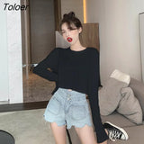Sleeve T-shirts Women Spring Solid Loose Crop Top Sexy New Trendy Leisure Girls T-shirt Korean Stylish Teens All-match