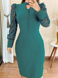 Elegant Green Keyhole Puff Sleeve Bodycon Midi