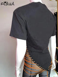 Summer Casual Clothes Graphic T Shirts For Women Short Sleeve Bandage Tees Tops Women 2023 Black O Neck T Shirt Female 703-0-Outfit