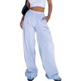 Women’s Summer Striped Print cleanfit Loose Long Pants Casual Elastic High Waist Lounge Street Trousers with Pockets-Outfit
