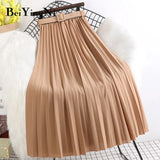 High Waist Skirts Womens Belt Fashion Metallic Party Midi Pleated Long Skirt Black Pink Casual Korean Falda Mujer