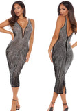 Plus Size Black Deep V Neck Sleeveless Rhinestone Midi