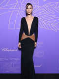 High-End Women's New Sexy Deep V Bareback Splicing Bag Long-Sleeved Dress High-End Temperament