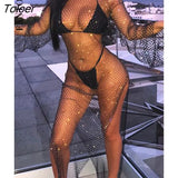 New Diamond Shiny Party Dress Women Split Long Sleeve Maxi Bodycon Dress Sexy See-Through Fishnet Club Dress