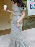 Plaid Chic Two Piece Sets Women Casual Ruffle Flounce Midi Skirt Sets Female Designer Wrap Slim Elegant Party Sets