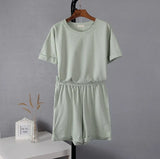 Summer Cotton Sets Women Casual Two Pieces Short Sleeve T Shirts and High Waist Short Pants Solid Outfits