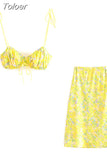 Suspender Crop Top + Midi Skirt Suit Floral Tube Top Tops Elastic Waist Floral Stitching Skirt Suit Woman Two-Piece