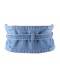 Women Denim Belt Wide Mid Waist Bicyclic Patchwork Lace Up Solid Color Slim Bow Removable Waistband 2024 Summer New Fashion-Outfit