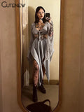 Women's Mesh Two Piece Set Sexy Long Sleeve Lace-up Outer Wear Top+Halter Skinny Hollow Out Lady Dress Suit New Outfit-Outfit