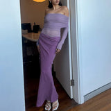 Autumn And Winter Women's Fashion Word Shoulder Long Sleeves Bare Waist Mesh Splicing Bag Of Hip