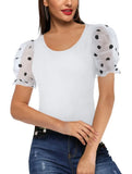 Sweet U-Neck Puff Sleeve Dot Print Regular