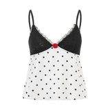 Women Vintage Retro Camisole Sleeveless Tops V-neck Backless Lace Patchwork Dots Print Summer Vest for Party Club-Outfit
