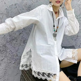 Lace Spliced Blouse Basic Solid Color Women's Clothing Turn-down Collar Spring Autumn Single-breasted Korean Split