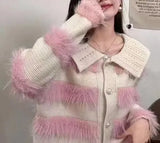 And Winter Lapel Sweater Spliced Woolen Striped Sweater Coat Women's New Lazy Cardigan Coat-Outfit