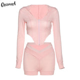 women tracksuit fitness long sleeve v-neck zipper crop top biker shorts two piece outfits sporty fitness slim