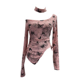 Pink Butterfly Hanging Neck To Make Old Hole Long-Sleeved T-Shirt Hottie Slanted Shoulder Slim Short Blouse