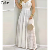 Summer Ruffle Hem Open Back Slit Maxi White Dress Sleeveless Elegant Casual Lace Up Sexy Vacation Solid Long Ladies