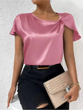 Summer Satin Short-Sleeved Satin Kink Solid Color Loose All Kinds Of Top Girls-Outfit