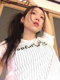 Tshirts Women's Clothing Fashion Striped Tees Casual Korean Cotton Summer Tops Short Sleeve Letter T Shirt 2024 Ropa Mujer-Outfit
