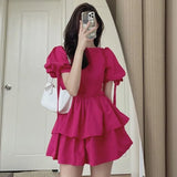 Dresses Woemn Lace Up Ruffles Patchwork Puff Short Sleeve Solid Korean Fashion Spring Summer Ladies Dress Casual-Outfit