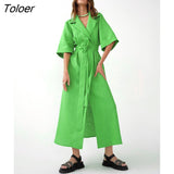 Elegant Lace Up Robe Dress Wrap Long Dresses Women Casual Loose Half Sleeve Cotton Linen Office Blazers Dress