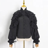 Striped Patchwork Ruffle Blouse For Women Stand Collar Long Sleeve Elegant Shirt Female Fashion Clothing