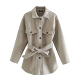 Women Fashion With Belt Loose Jacket Coat Vintage Long Sleeve Pockets Female Outerwear Chic